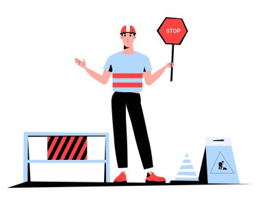 Kask ve güvenlik yeleği giyen erkek inşaat işçisi barikatta dur işareti tutuyor, trafiğe rehberlik ediyor ve yol güvenliğini sağlıyor. Düz vektör çizimi, beyaz arkaplanda izole.