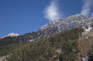 Pakistan 'ın Kalam kentindeki Karlı Tepeler ve Evergreen Ormanları Panoramik Görünümü
