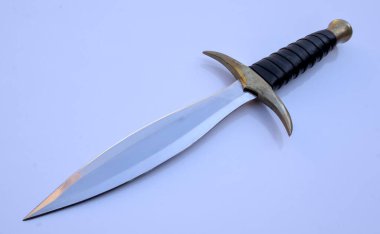 Dagger Double Edge Hunting Knife Isolated with Brass Guard and Leather and Wood Handle clipart