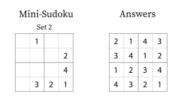 Mini Sudoku Bulmacası 4x4 Çocuklar için Kolay Cevaplar, Eğlenceli Beyin Eğitimi Çocuklar için Matematik Oyunu, Vektör