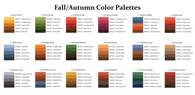 Renk Paletleri 18x5 Swatch Swatch or Autumn - Cool, Warm, Neutral, Bright, Mix Colors - with HEX Codes and Names, Colour Scheme and Combinations