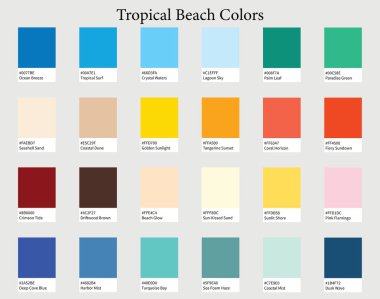 Color Palettes 24 Colours of Tropical Beach - Cool, Warm, Neutrals, Bright Colors - with HEX Codes and Names, Colour Scheme and Combinations clipart