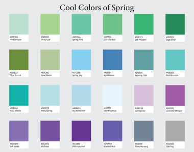Renk Paletleri: Baharın 24 Serin Tonu - Mavi, Yeşil, Mor, Parlak Renkler - HEX Kodları ve İsimleri, Renk Şeması ve Kombinasyonları