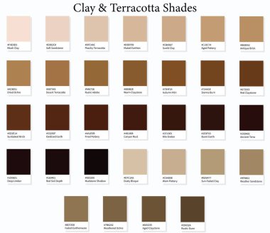 Renk Örnekleri 32 Clay ve Terracotta Shades - HEX Kodları ve İsimleri, Renk Paleti, Şema ve Kombinasyonları ile 3d Açık Soluk Kahverengiler