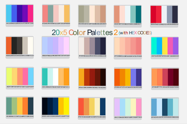 20x5 Color Palettes 2 with Hex Codes Vector, Discover 20 Sets of Vibrant Vector Color Palettes - 5 Unique Colors Each for Stylish Designs: Light, Dark, Vintage, Retro Inspirations, New