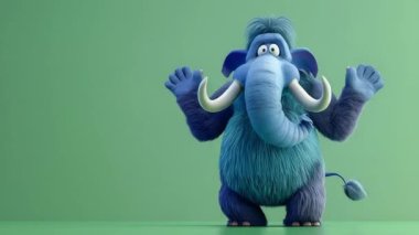 3D Mavi Mamut animasyonu zafer dansı yapar: Yüksek kalite 3D illüstrasyon, 3D Canavar Karakteri, Kolay düzenlenebilir yeşil ekran video.