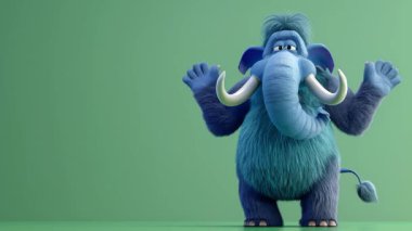 3D Mavi Mamut Yürüyüşü animasyonu: Yüksek kalite 3D illüstrasyon, 3D Canavar Karakteri, Kolay düzenlenebilir yeşil ekran video.