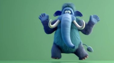 3D Mavi Mamut Animasyonu: Yüksek kalite 3D illüstrasyon, 3D Canavar Karakteri, Kolay düzenlenebilir yeşil ekran video.