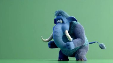 3D Mavi Mamut animasyonu etrafınıza dikkatlice bakar: Yüksek kalite 3D illüstrasyon, 3D Canavar Karakteri, Kolay düzenlenebilir yeşil ekran video.