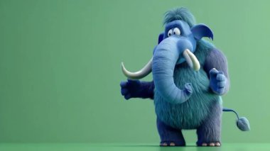 3D Mavi Mamut 'un kamera karşısında hareket karışıklığı: Yüksek kalite 3D illüstrasyon, 3D Canavar Karakteri, Kolay düzenlenebilir yeşil ekran video.