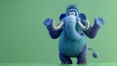 3D Mavi Mamut 'un hareket dalgalı animasyonu kameraya merhaba deyin: Yüksek kalite 3D illüstrasyon, 3D Canavar Karakteri, Kolay düzenlenebilir yeşil ekran video.