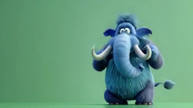 Hareketli 3D Mavi Mamut animasyonu enerjik bir şekilde yükseliyor: Yüksek kalite 3D illüstrasyon, 3D Canavar Karakteri, Kolay düzenlenebilir yeşil ekran video.