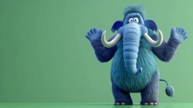 Hareketli 3D Mavi Mamut animasyonu: Yüksek kalite 3D illüstrasyon, 3D Canavar Karakteri, Kolay düzenlenebilir yeşil ekran video.