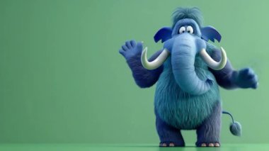 3D Mavi Mamut 'un hareket başlıklı animasyonu: Yüksek kalite 3D illüstrasyon, 3D Canavar Karakteri, Kolay düzenlenebilir yeşil ekran video.