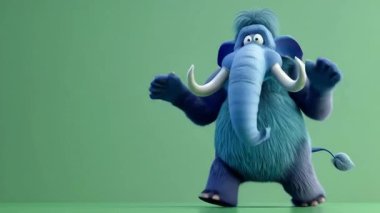 Jest dörtnala 3D Mavi Mamut animasyonu: Yüksek kalite 3D illüstrasyon, 3D Canavar Karakteri, Kolay düzenlenebilir yeşil ekran video.