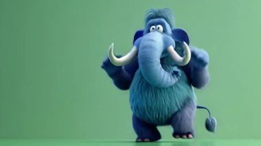 3D Mavi Mamut animasyonu ve hareketli hareketler heyecan verici: Yüksek kalite 3D illüstrasyon, 3D Canavar Karakteri, Kolay düzenlenebilir yeşil ekran video.