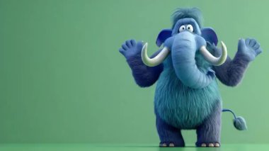 Jest dönüşlü 3D Mavi Mamut animasyonu: Yüksek kalite 3D illüstrasyon, 3D Canavar Karakteri, Kolay düzenlenebilir yeşil ekran video.