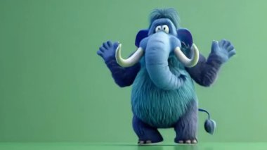 3D Mavi Mamut animasyonu bir balon gibi zıplar: Yüksek kalite 3D illüstrasyon, 3D Canavar Karakteri, Kolay düzenlenebilir yeşil ekran video.