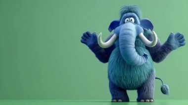 3D Mavi Mamut 'un animasyonu kararlılıkla yükleniyor: Yüksek kalite 3D illüstrasyon, 3D Canavar Karakteri, Kolay düzenlenebilir yeşil ekran video.