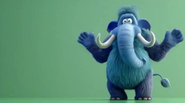 3D Mavi Mamut 'un animasyonu gülümsemeli koşular: Yüksek kalite 3D illüstrasyon, 3D Canavar Karakteri, Kolay düzenlenebilir yeşil ekran video.