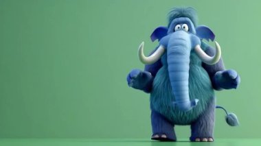 3D Mavi Mamut Animasyonu gururla yürüyor: Yüksek kalite 3D illüstrasyon, 3D Canavar Karakteri, Kolay düzenlenebilir yeşil ekran video.