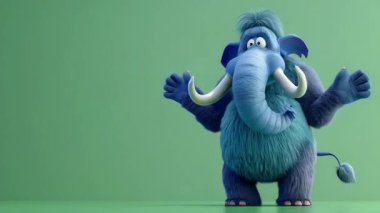 3D Mavi Mamut 'un animasyonu çarpıcı bir jest: Yüksek kalite 3D illüstrasyon, 3D Canavar Karakteri, Kolay düzenlenebilir yeşil ekran video.