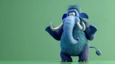 3D Mavi Mamut animasyonu motive edici bir konuşma jesti sunar: Yüksek kalite 3D illüstrasyon, 3D Canavar Karakteri, Kolay düzenlenebilir yeşil ekran video.