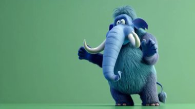 3D Mavi Mamut animasyonu tutkuyla şarkı söyler: Yüksek kalite 3D illüstrasyon, 3D Canavar Karakteri, Kolay düzenlenebilir yeşil ekran video.