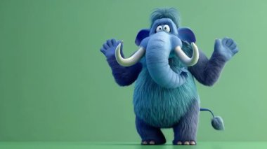 3D Mavi Mamut Mutlu Dans Animasyonu: Yüksek kalite 3D illüstrasyon, 3D Canavar Karakteri, Kolay düzenlenebilir yeşil ekran video.