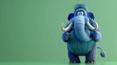 3D Mavi Mamut animasyonu bir fıkra anlatır ve güler: Yüksek kalite 3D illüstrasyon, 3D Canavar Karakteri, Kolay düzenlenebilir yeşil ekran video.
