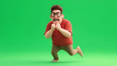 Gözlüklü ve kırmızı tişörtlü bir gencin 3D animasyonu, 124. dövüş hareketi, 124. sahne, yeşil ekran..