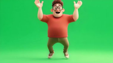 Gözlüklü ve kırmızı tişörtlü bir gencin 3D animasyonu: 124Başarı Hareketleri: 124; Yeşil Ekran.