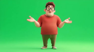 Gözlüklü ve kırmızı tişörtlü bir gencin 3D animasyonu: 124Başarı Hareketleri: 124; Yeşil Ekran.