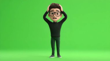 3D animasyon genç adam jest ile başını tutarak hayal kırıklığı ve sonra 124yuvarlak atlama.