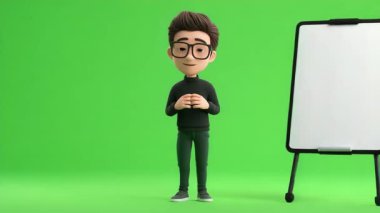 Ayakta duran genç adamın 3 boyutlu animasyonu ve boş beyaz tahta üzerinde bir şeyi açıkla: 124-- Yeşil Ekran.