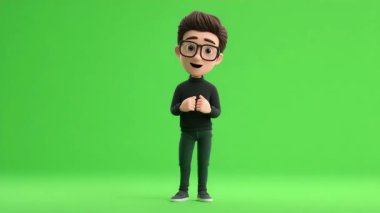 3D animasyon genç adam bir sunum veriyor ve etrafında yürür.