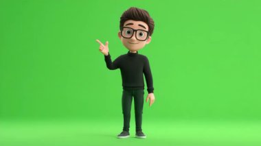 3D Animasyon: Genç adam bir sunum göstergesi veriyor:.