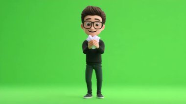 3D Animasyon: Bir kağıdı buruşturan genç adam.