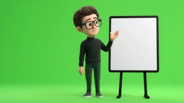 Genç adamın 3D animasyonu boş bir sanal tabloya işaret ediyor:.