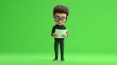 Kağıtları inceleyen genç adamın 3 boyutlu animasyonu: 124- Yeşil Ekran.