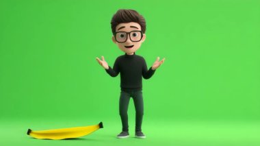 Muz kabuğunda kayan ve iyileşen genç adamın 3 boyutlu animasyonu.