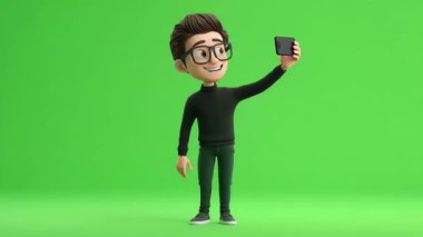 3D animasyon, genç bir adamın telefonuyla selfie çekmesi..