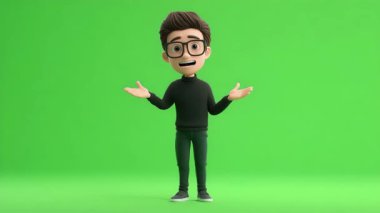 3D Animasyon: Öfkeyle konuşan ve 124D çerçevesinden uzaklaşan genç adam; Yeşil Ekran.