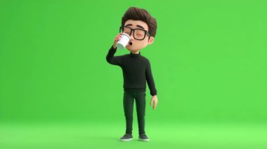 124ncü kahveyi yudumlarken yürüyen genç adamın 3 boyutlu animasyonu; Yeşil Ekran.