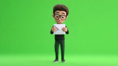 Elinde zarf olan genç adamın 3D animasyonu: 124- Yeşil Ekran.