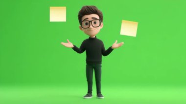 Yapışkan notlarla beyin fırtınası yapan genç adamın 3 boyutlu animasyonu.