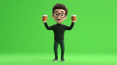 124- Yeşil Ekran kutlamalarında kahve bardaklarını tokuşturan genç adamın 3 boyutlu animasyonu.