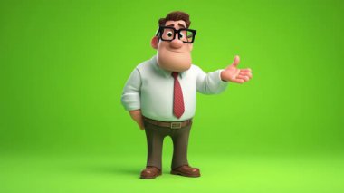 İş adamının 3 boyutlu animasyonu güvenilir bir şekilde konuşur: 124; Yeşil Ekran.