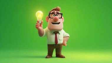 İş adamının 3D animasyonu bir ampul tutuyor ve bir şey hakkında açıklama yapıyor:.