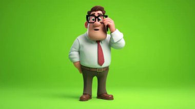 İş adamının 3 boyutlu animasyonu 124ncü telefon görüşmesi yapar; Yeşil Ekran.